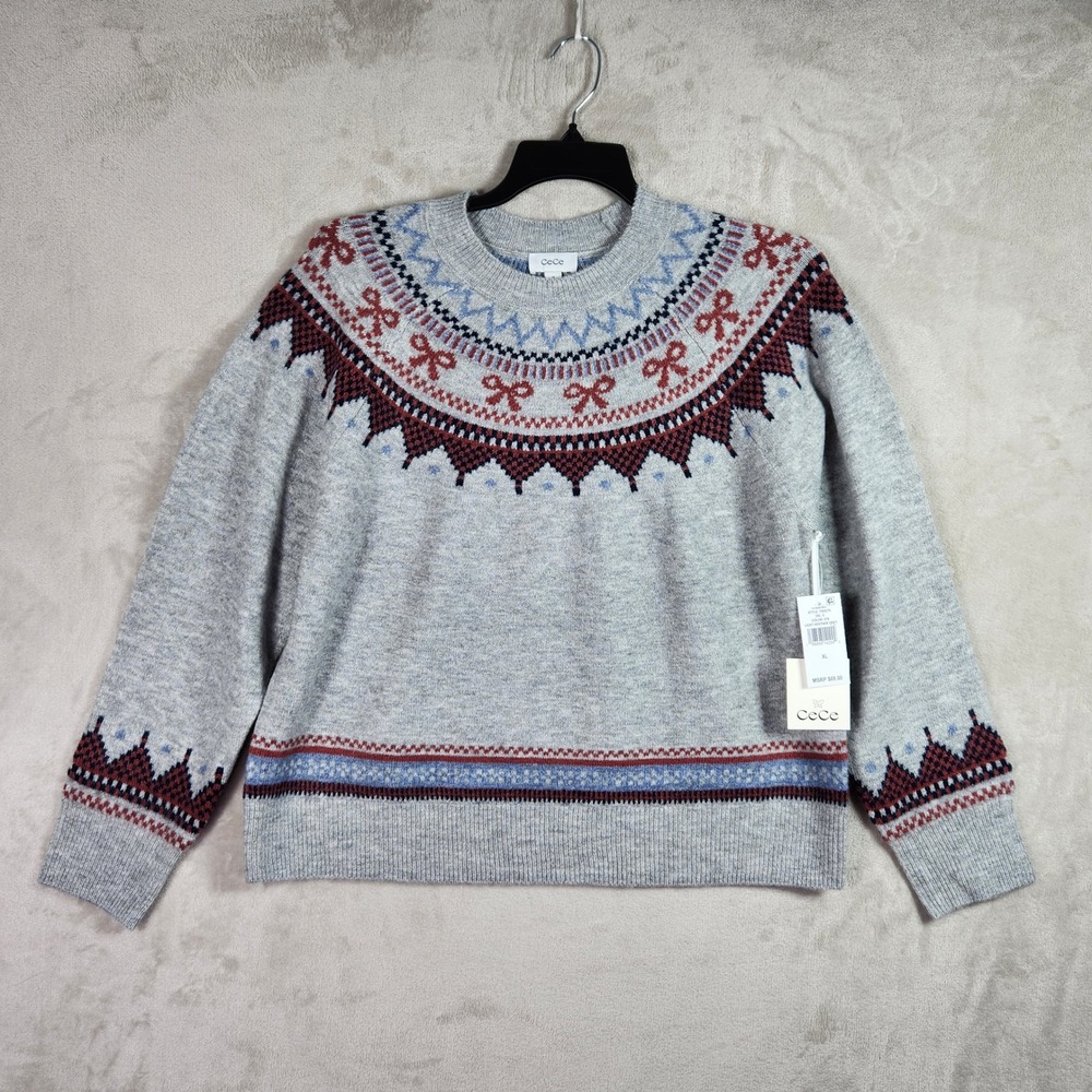 CeCe Fair Isle‎ Bow Sweater Womens XL Light Heather Grey Knit Pullover Gorpcore